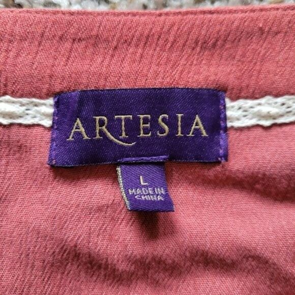 ARTESIA Rust Orange Mini Dress Size L Crepe Rayon Boho Layered Ruffle Sleeve - Picture 5 of 8